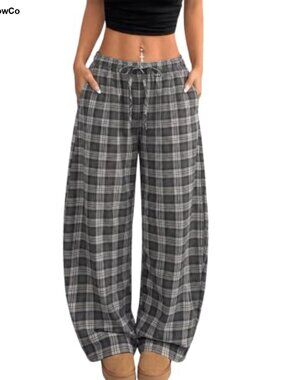 Women's Plaid Flannel Barrel Pants Drawstring High Waist Loose Lounge Trousers